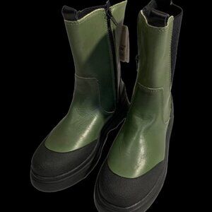 NWT ZARA Tall Leather Combat Style Ankle Boots High Low in Green and Black Sz 7